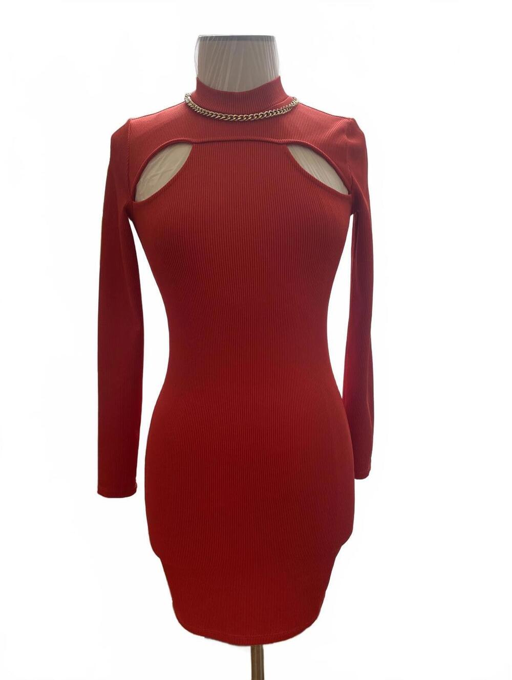 Divided Red Long Sleeve Cutout Bodycon Dress with Chain Detail Size Small